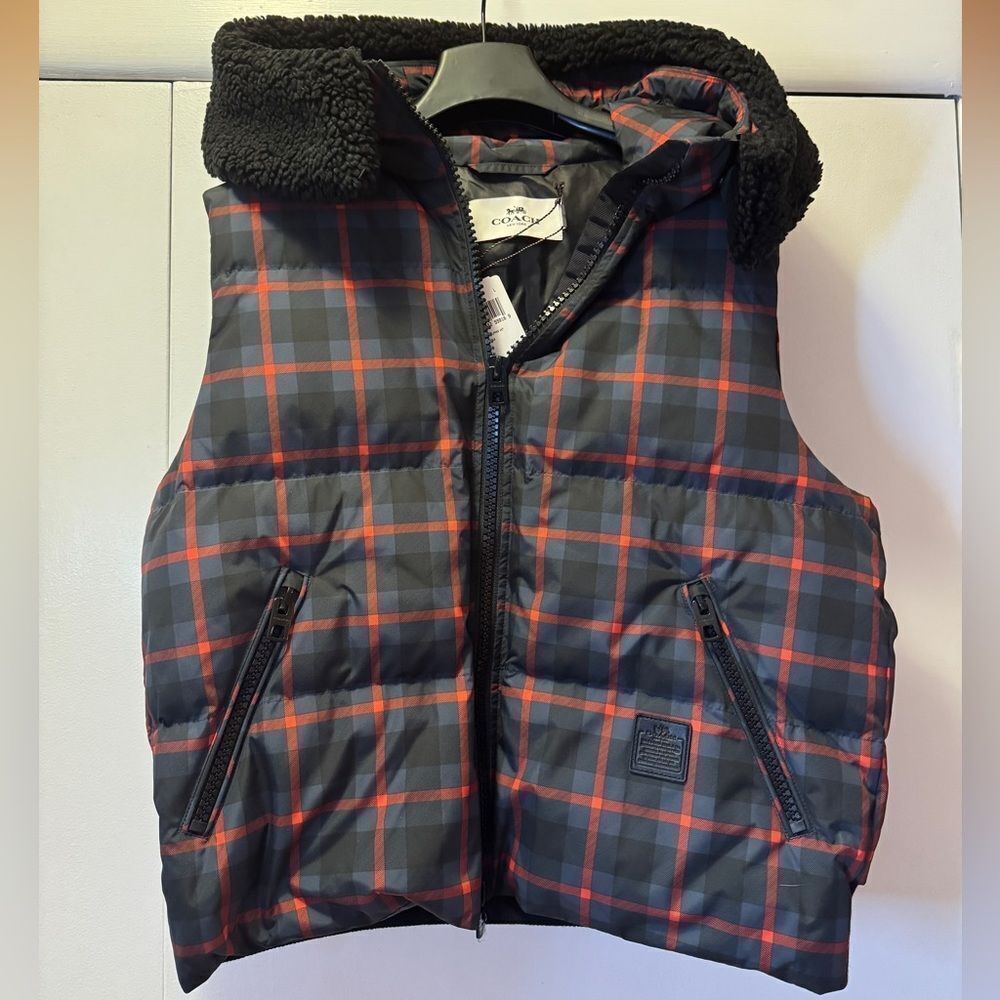 NWT COACH Riley Plaid Puffer Hooded Vest Blue Red Black Women’s Size Large